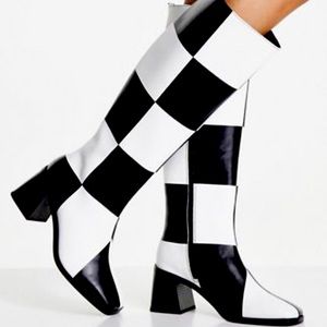 Checkered Vegan Leather Knee High Boots